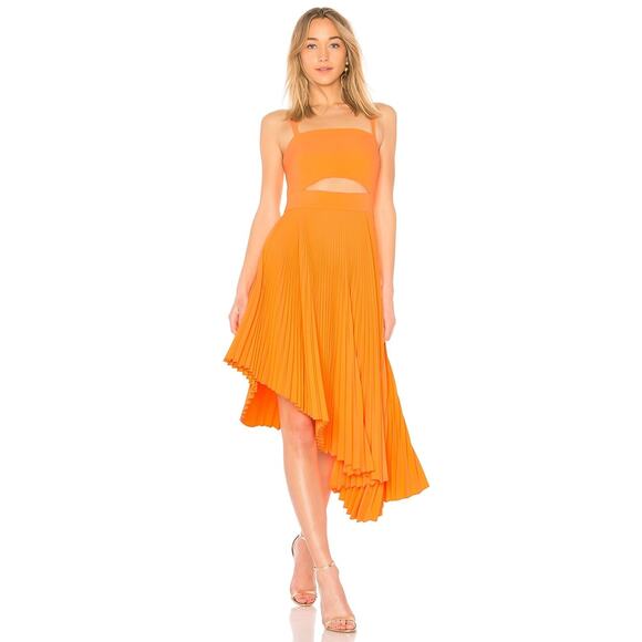 MILLY Eliza Pleated Asymmetric Dress Fluo Orange - 0